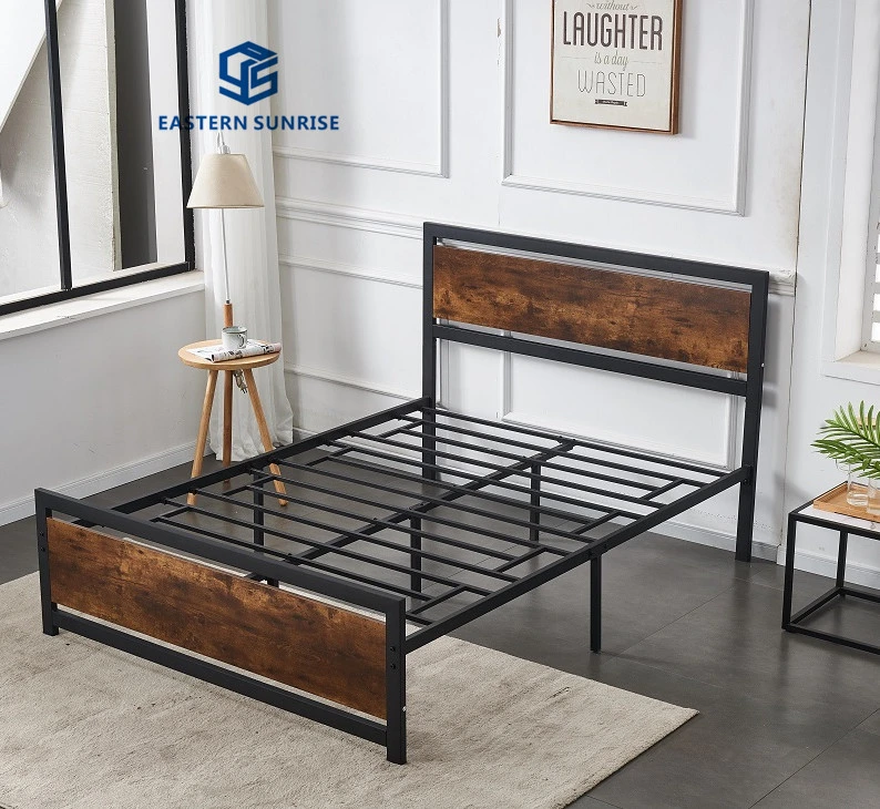 Cadres de lits métalliques lourds avec tête de lit en bois, mobilier de chambre simple/double