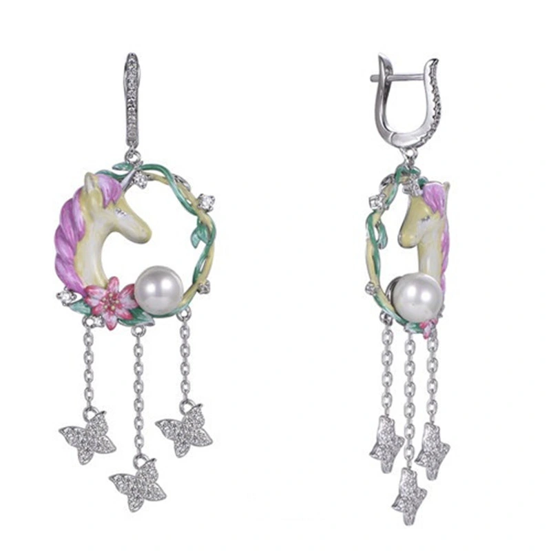 925 Silver Cute Unicorn Earring and Necklace Animal Enamel Jewelry Sets for Ladies