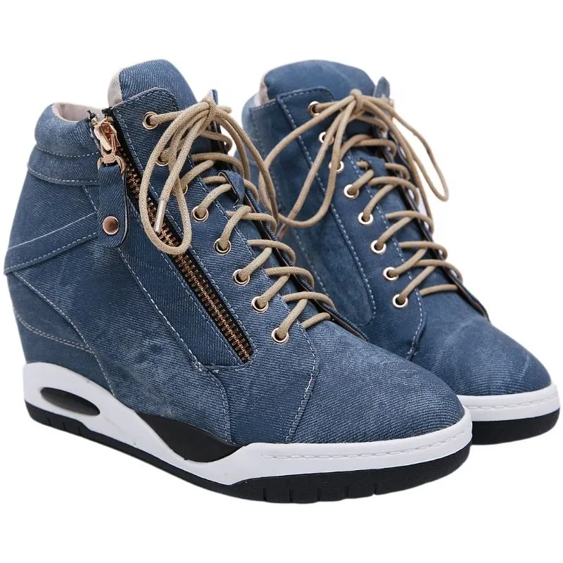 New Platform Casual Denim Female Shoes Side Zipper High Wedge Heel High-Top Ladies Platform Sneakers Lace-up Inner Increasing Jeans Shoes for Women