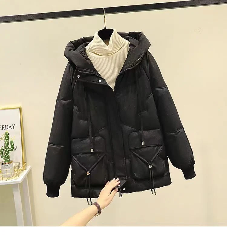 New Shiny Down Cotton Jacket Women's MID-Length Loose Thick Cotton Garment