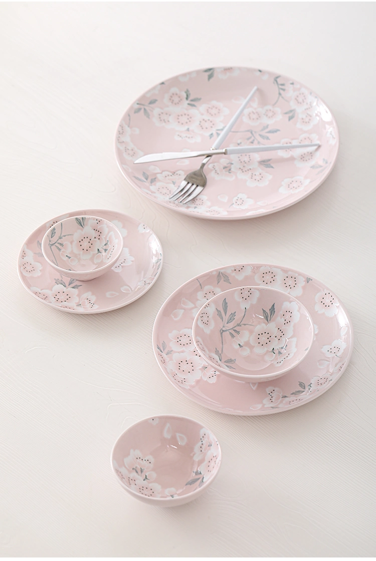 Porcelain Spring Season Pink Sakura Flower Stamp Printing Free Collocation Plate Bowl Dinnerware Sets