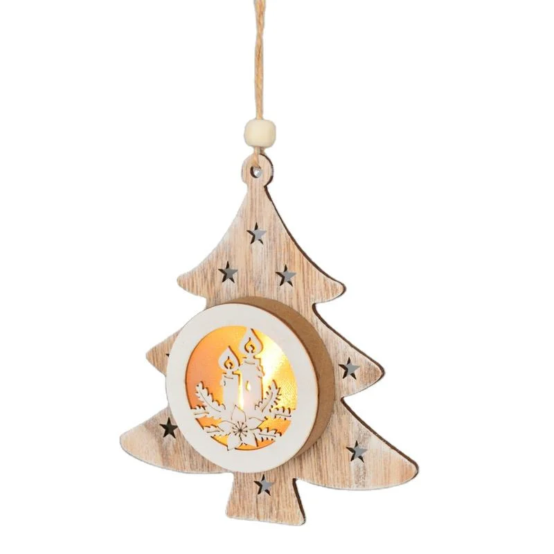 Christmas Tree Ornament Pendants Wooden Craft Hanging Village Houses with Decoration Lights