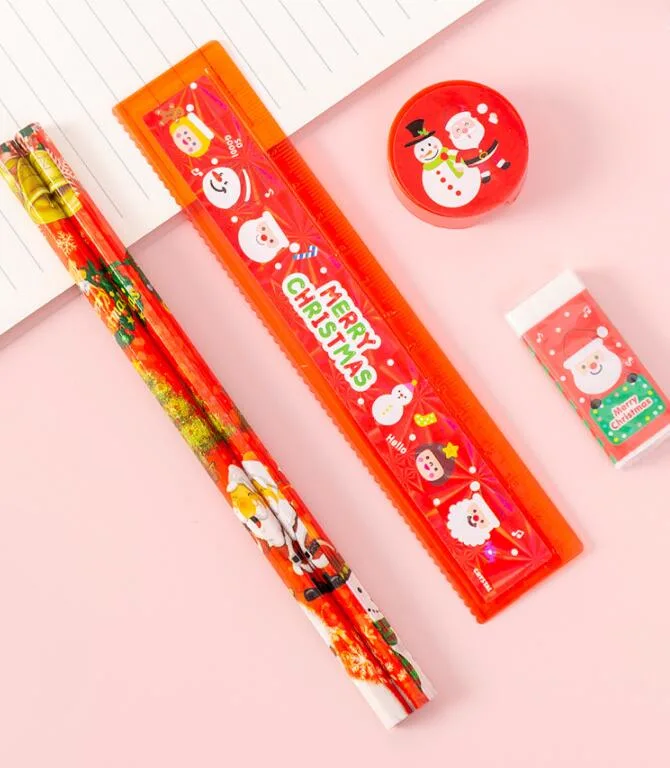 Christmas Stationery Set Pencil Eraser Sharpener Ruler Pull Side Bag Student Stationery