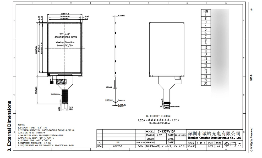 LED branco atacado 8 em retroiluminação série LCD 4.3" 480 * 800 Ecrã de módulos com RoHS/CE/FCC