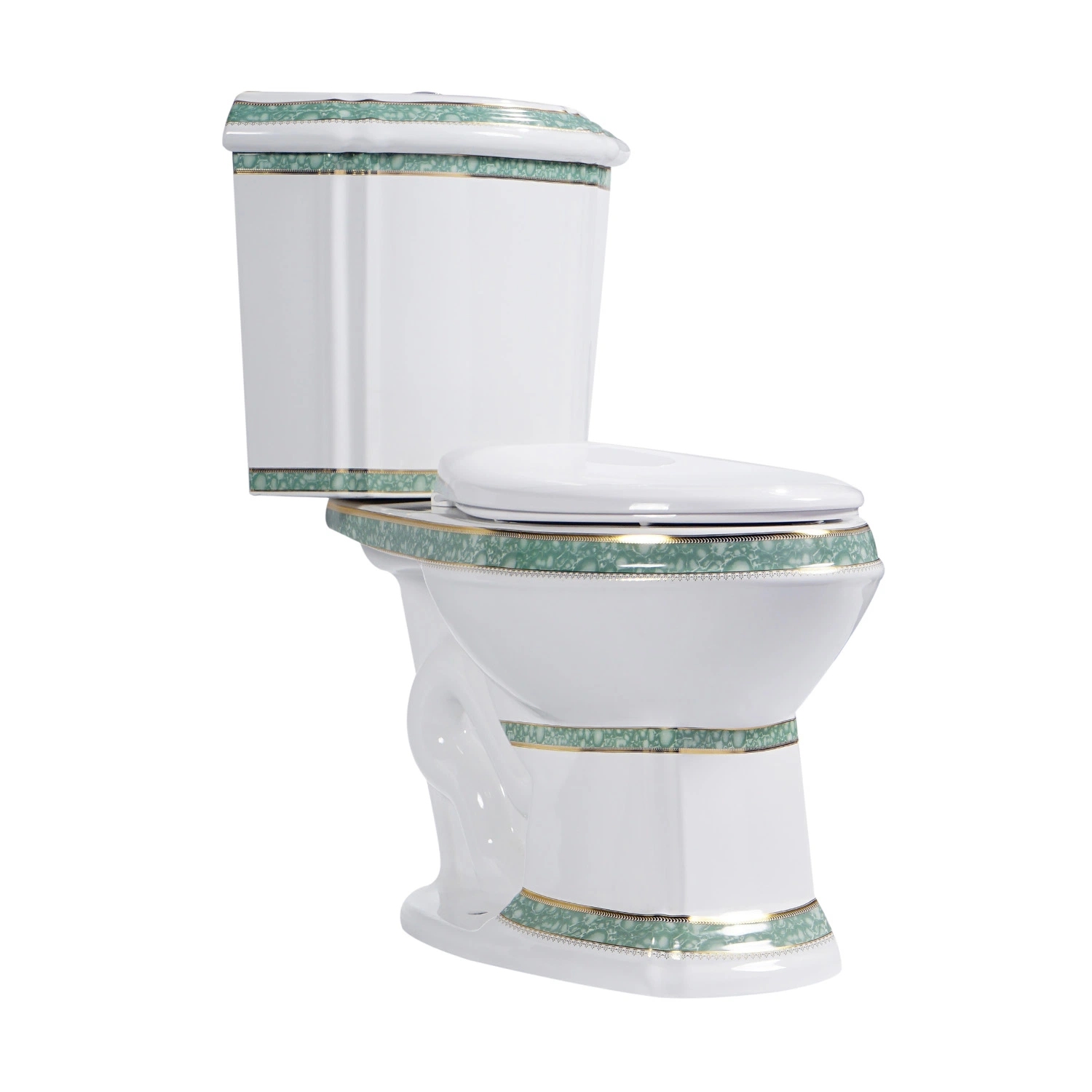 Luxurious Green and Gold Finish Elongated 17.7 Inches Seat Height Dual-Flush Cupc Water-Saving Two Piece Ceramic Corner Toilet with Toilet Seat Sanitary Fixture