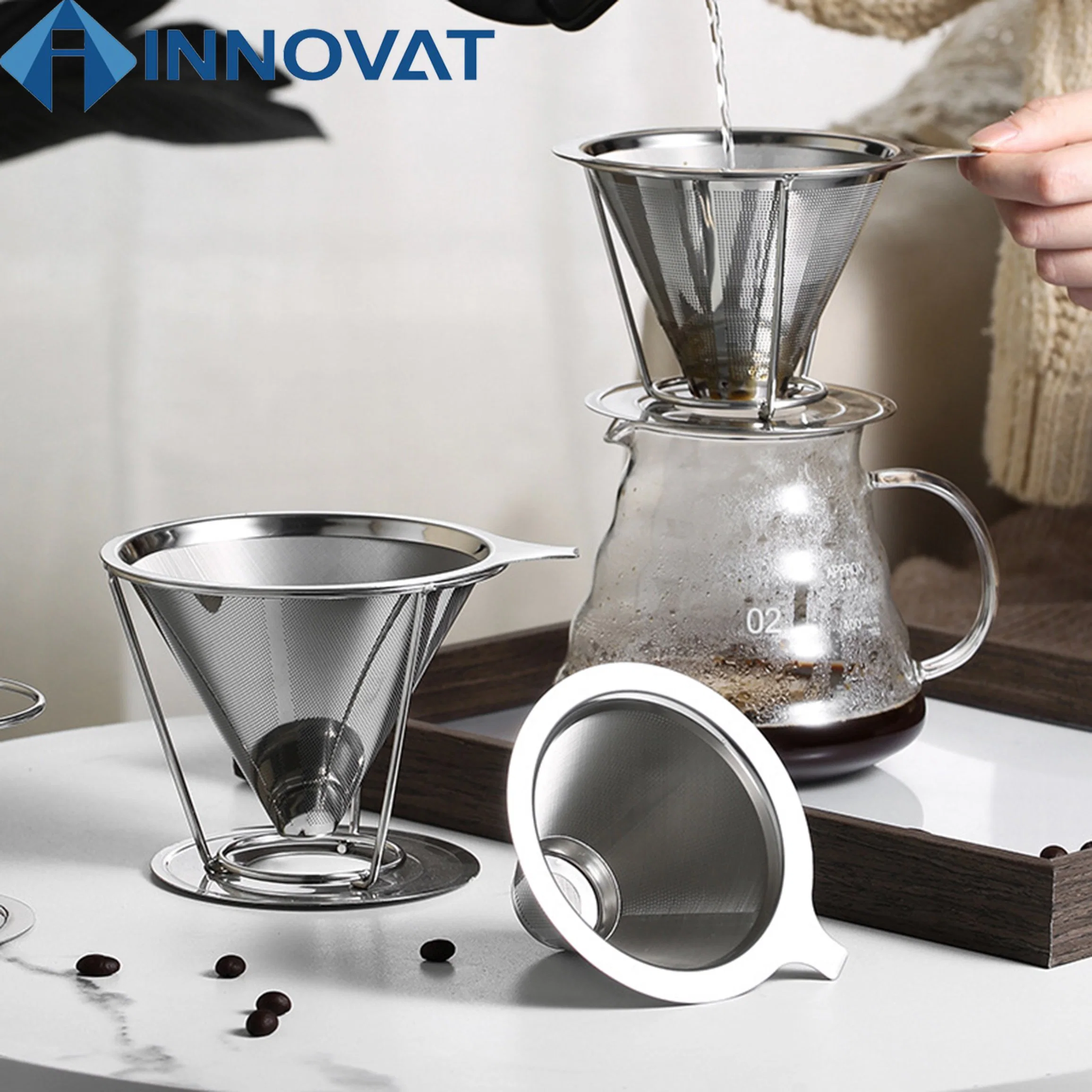 High quality/High cost performance V60 Coffee Maker Tools Pour Over Stainless Steel Coffee Filter Coffee Dripper Percolator Reusable Coffee Filter Drip Strainer Coffee Dripper Stainl