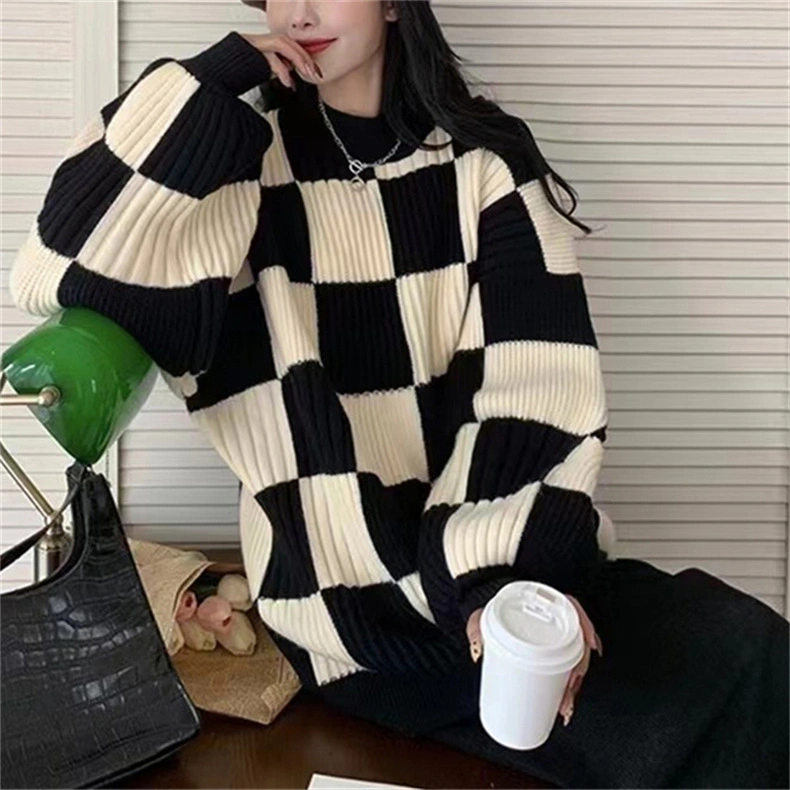 Checkerboard Sweater Female Autumn and Winter Design Sense New Top Retro Show Thin Lazy Wind Pullover Sweater