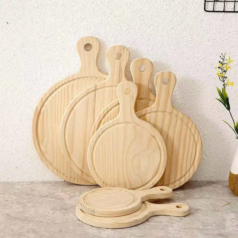 Pine Round Pizza Tray Wooden Baking Handle Pizza Plate