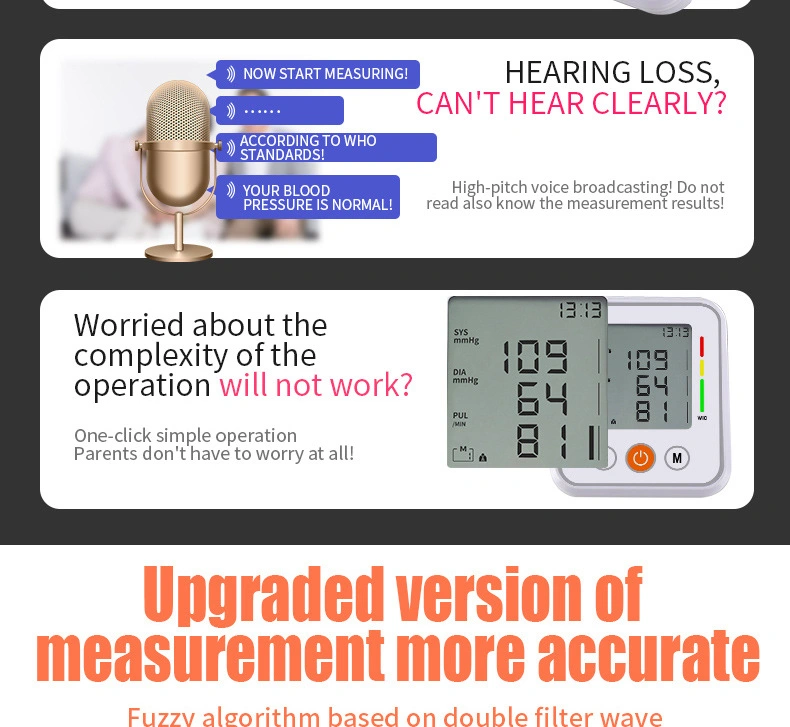 Manguito Monitor de presión arterial BP automático inteligente Idioma indicador Alar Es adecuado para el tratamiento médico en el hogar de la sangre de personas de mediana edad Medidor de presión