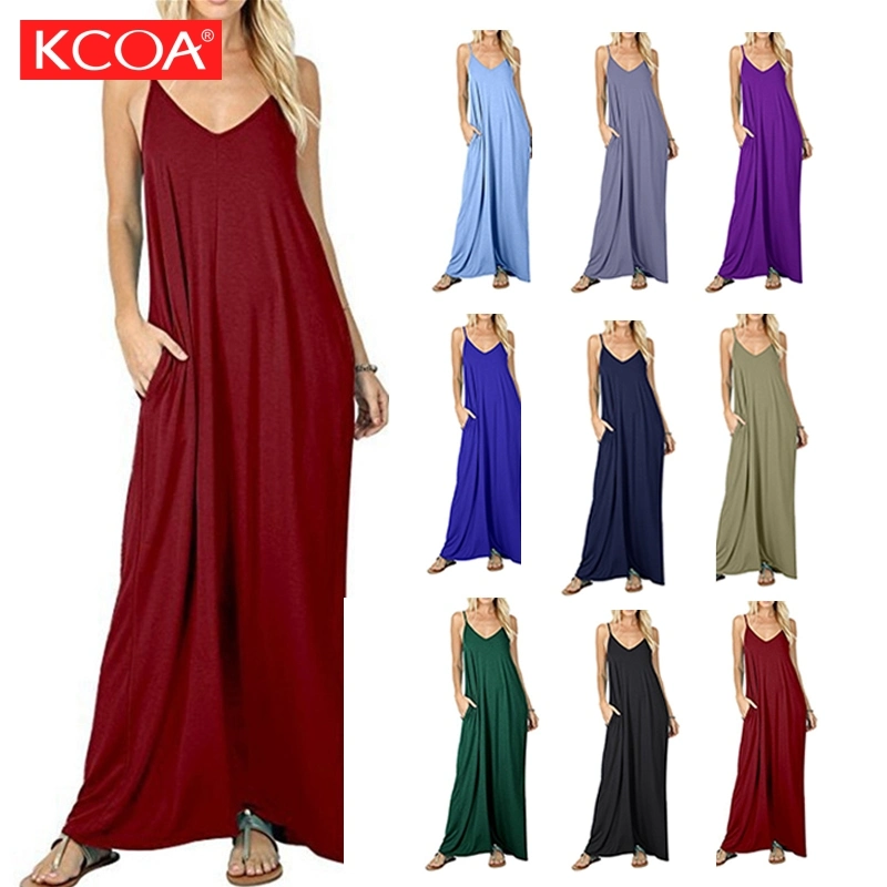 Venda por grosso sem mangas Gril Soltas Lady V-Pescoço Moda Verão Mulheres Senhoras Pocket Casual vestido Maxi Longa