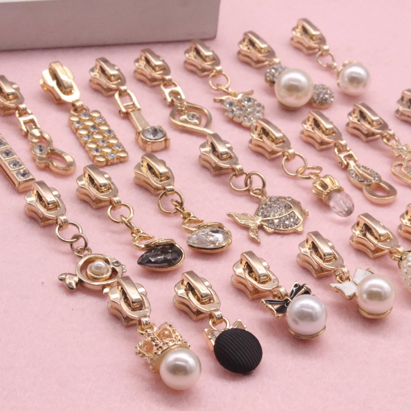 Hot Selling Boutique 5# Metal Zipper Head Diamond Pearl Pull Tab Pendant Zipper Head Slider Zipper Accessories