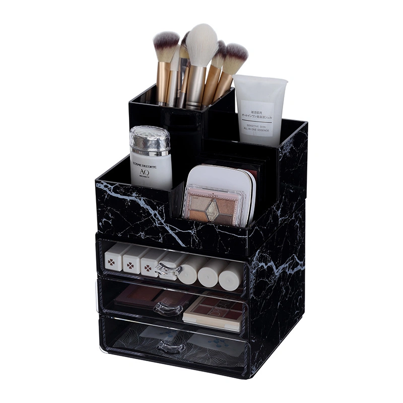 Medium Dresser Cosmetic Case Makeup Organizer Jewelry Boxes with Logo Square Black Marble Plastics Makeup Organizer