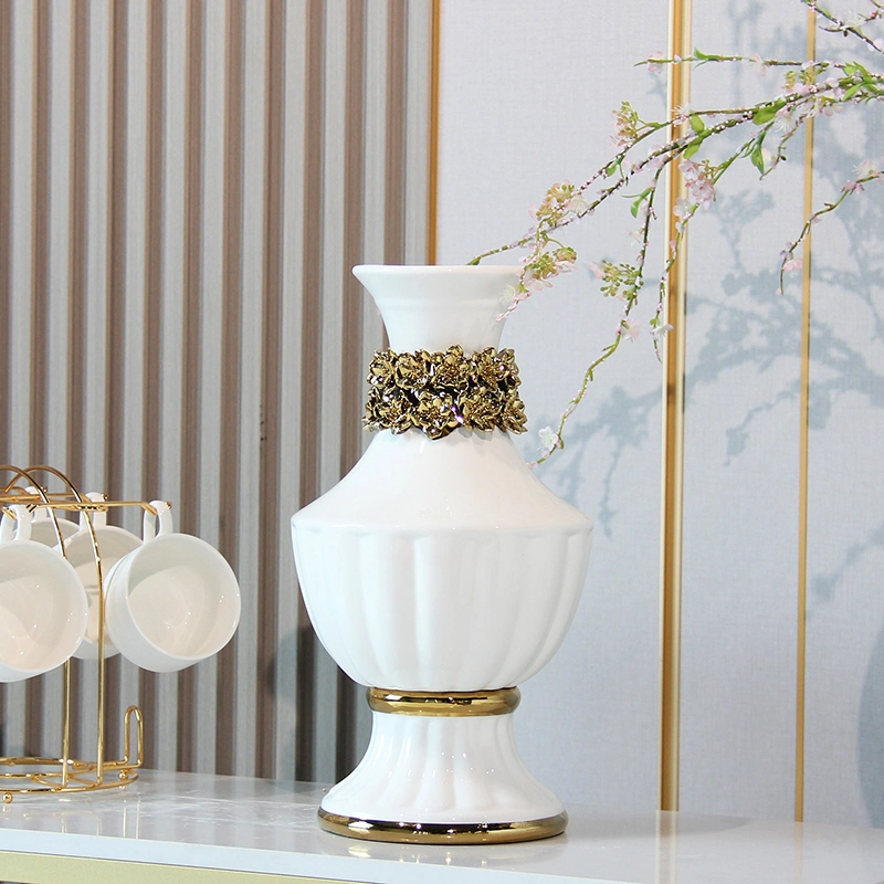 V162 Nordic Luxury Tabletop Ornament Home Decor Ceramic White Vases with Decorative Gold Rose Flower
