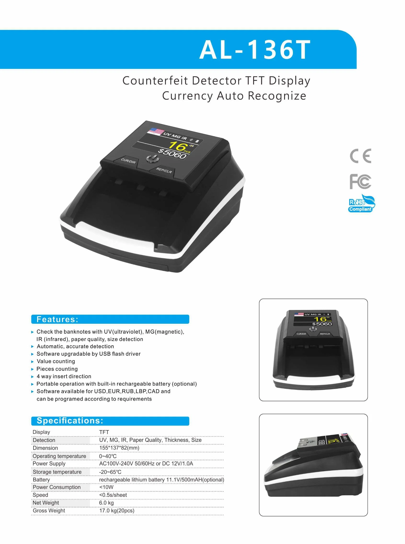 Al-136t USD EUR Rub Lbp CAD Portable Banknote with TFT Display Money Detector