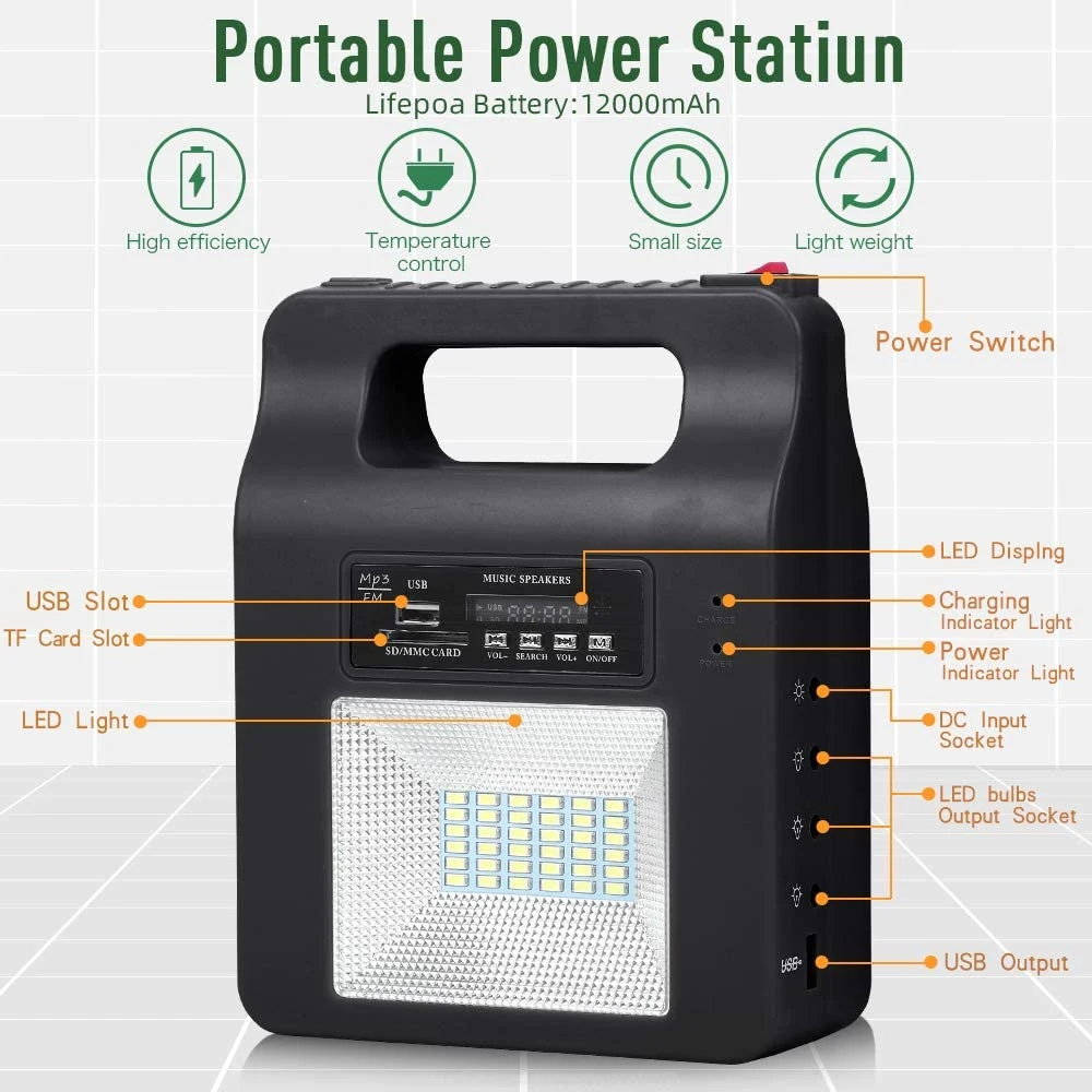 Portable Solar Light LED Lamp System Radio FM Speaker System Handle Solar Power Home Indoors Lighting Station with MP3 Bluetooth Speaker Function