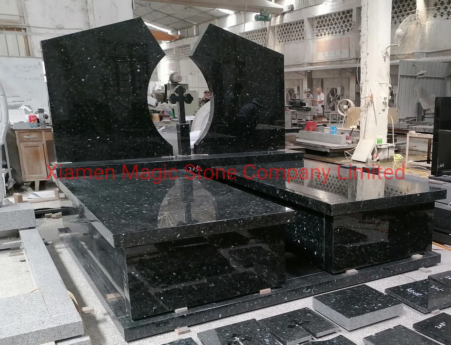 Double Tombstone Star Galaxy Black Granite Stone Monument with Cross