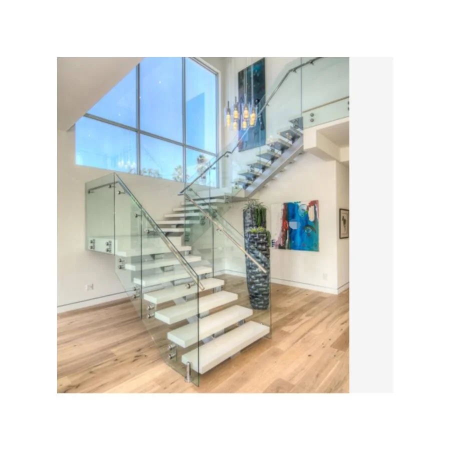 Stair Straight Carbon Steel Glass Staircase Modern Indoor Wood Steps Staircases