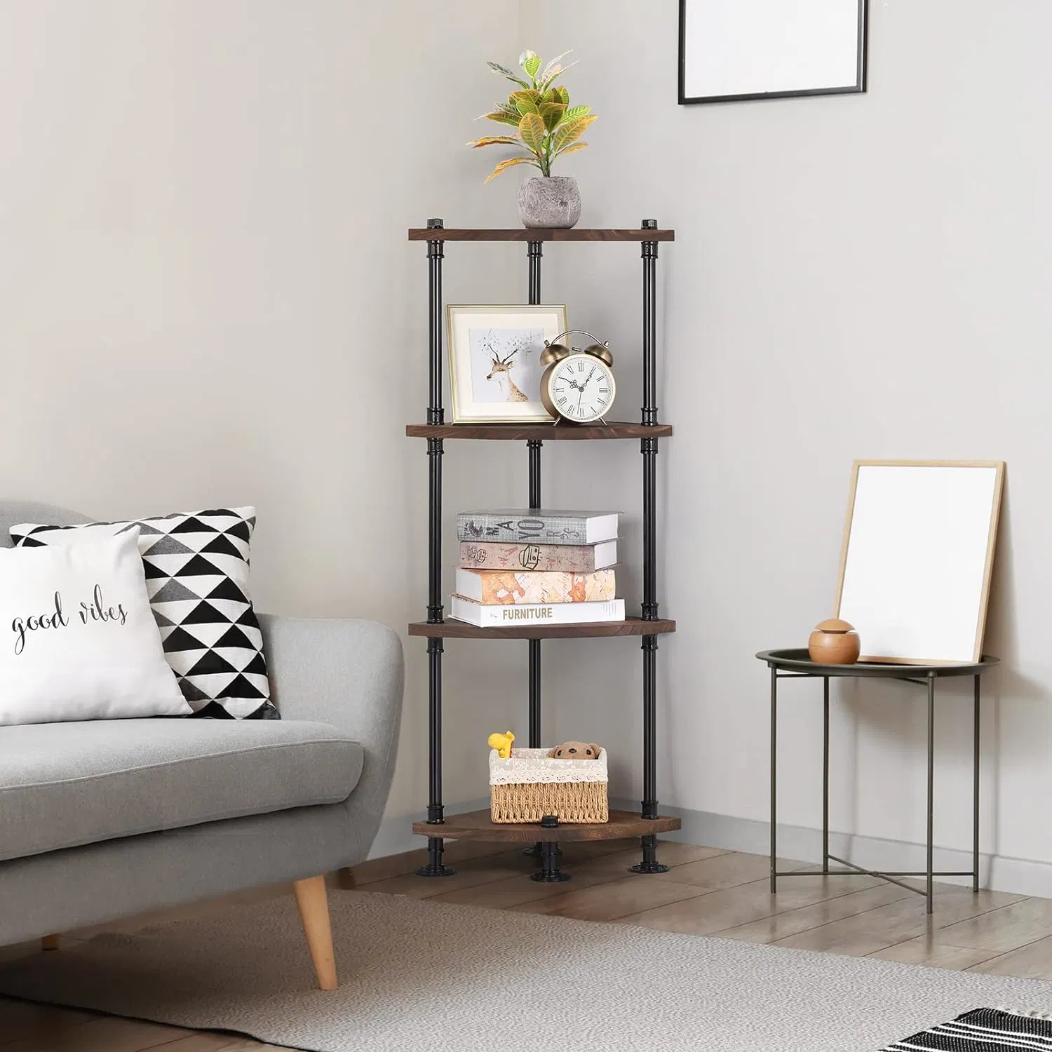 Industrial Shelves 4-Tier Pipe Corner Shelves for Living Room Bedroom Bathroom Kitchen