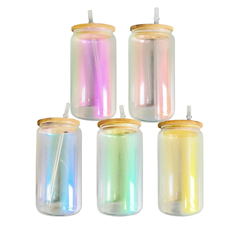 20oz Ombre Color Blank Sublimation Iridescent Rainbow Glitter Beer Glass Can Bamboo Lid and Straw