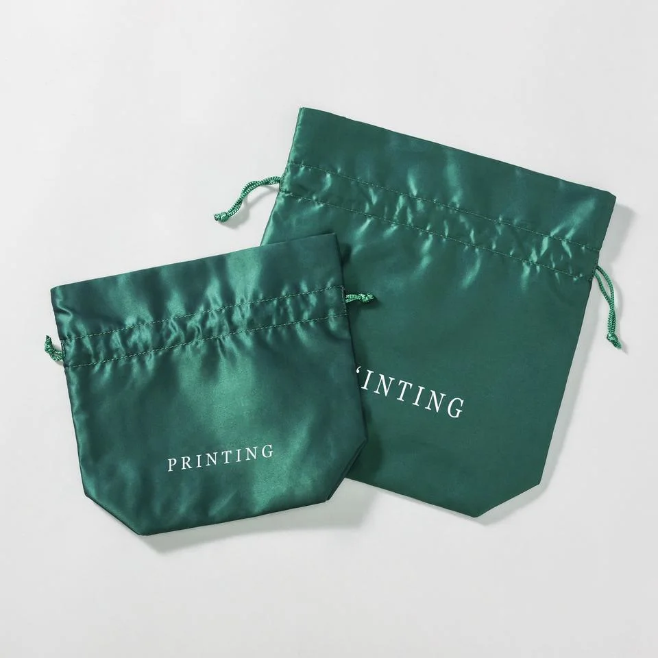 Custom Logo Printed Underwear Lingerie Dust Gift Packaging Pouch Drawstring Soft Green Satin Silk Hair Dryer Bag for Beauty