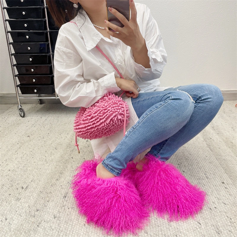 Fashion New Women Real Mongolian Fur Slides Indoor Outdoor Slides