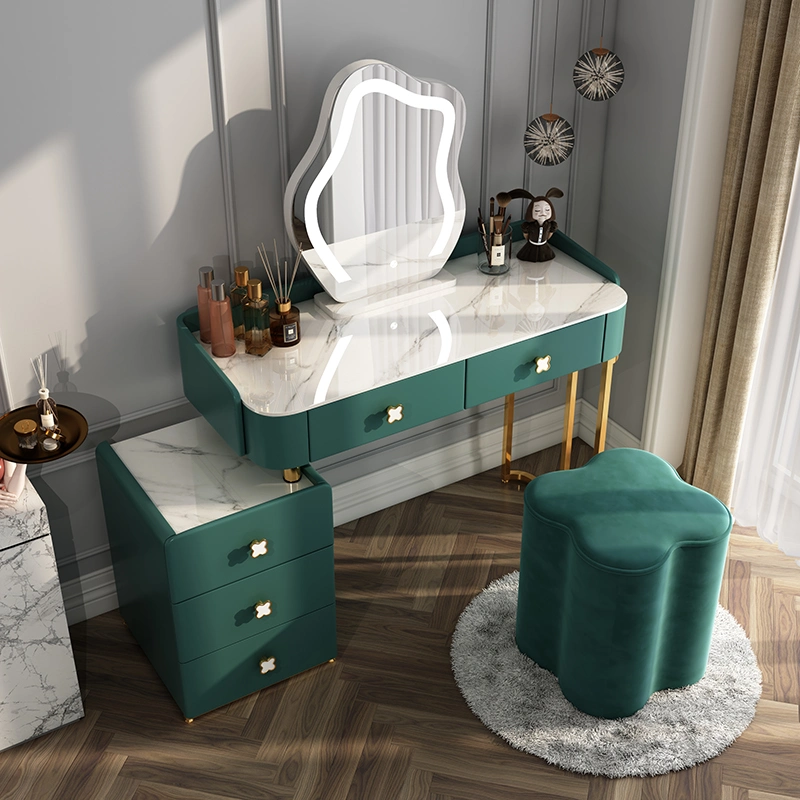 Modern Wood Vanity Home/Hotel Living Bedroom Furniture Makeup Dresser Nordic Dressing Table Set with Chair and LED Touch Screen Dimming Round Mirror