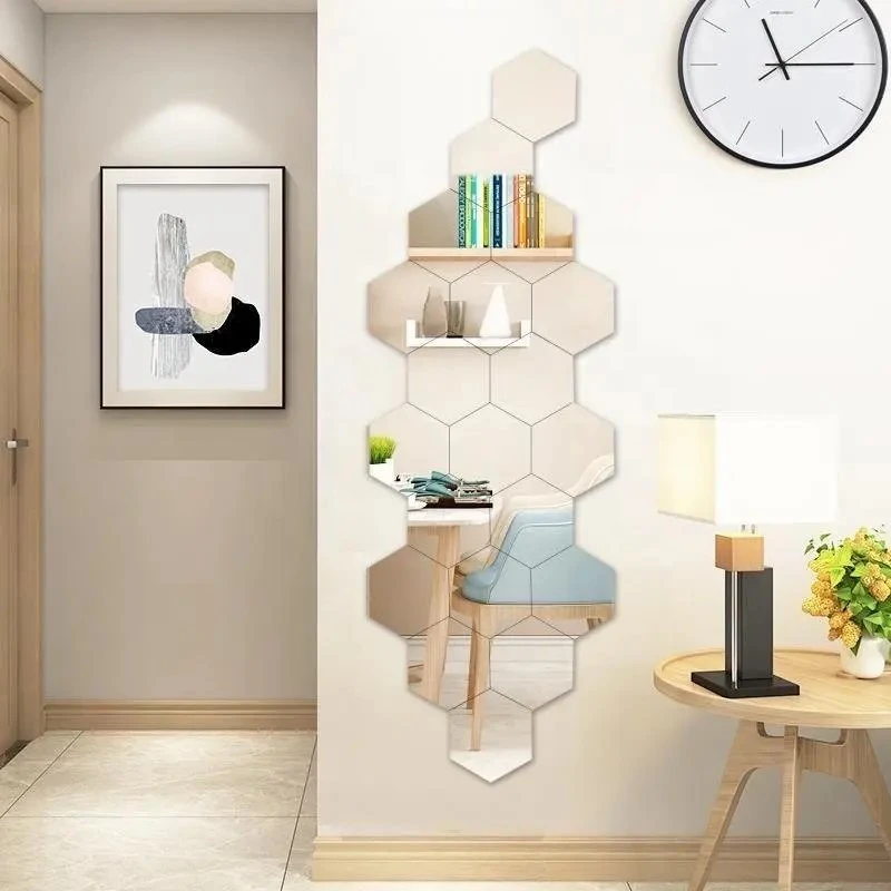 3D Self Adhesive Geometric Hexagon Silver Glass Mirror Modern Tiles Livingroom Background Wall Decor