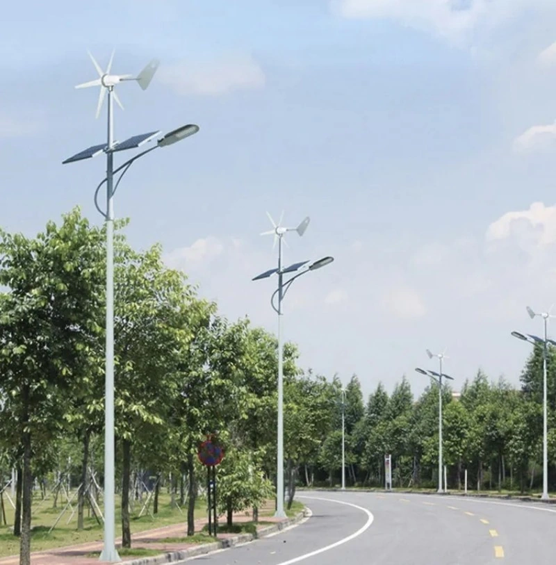 Wind Solar Hybrid Street Lights 8 Meters Pole Top Twin Arm Road Lamps Integrated Light Sensor LED Street Lighting