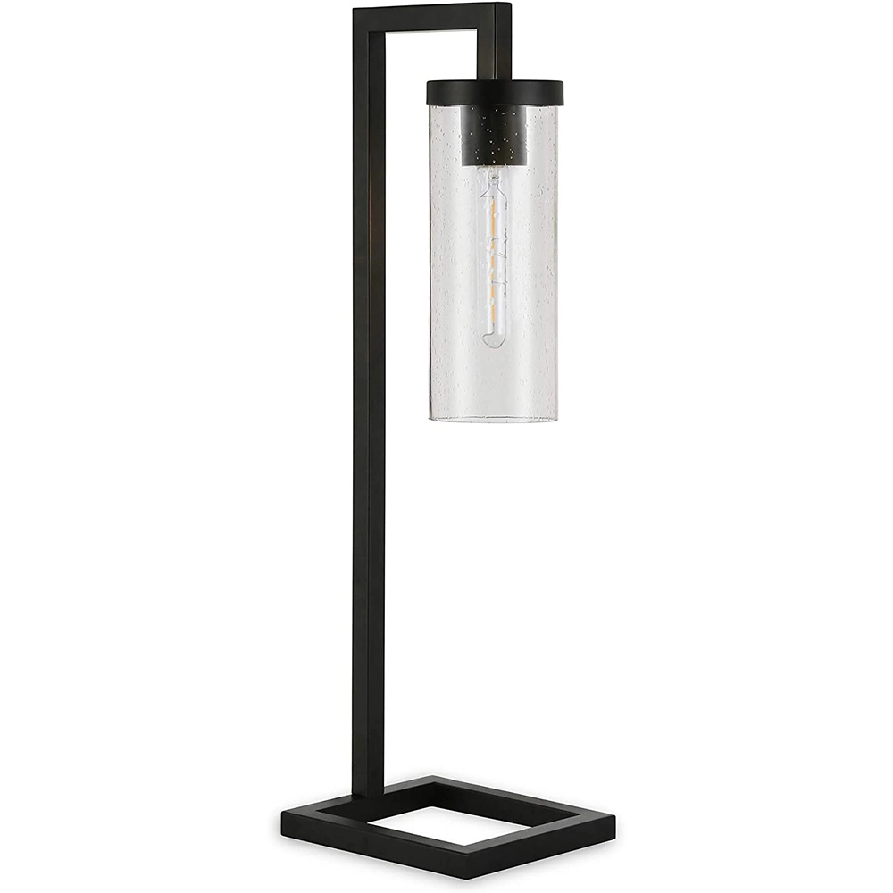 Jlt-4590 Industrial Farmhouse Cylinder Clear Seeded Glass Shade Task Table & Floor Lamp Set Brass Black Finish