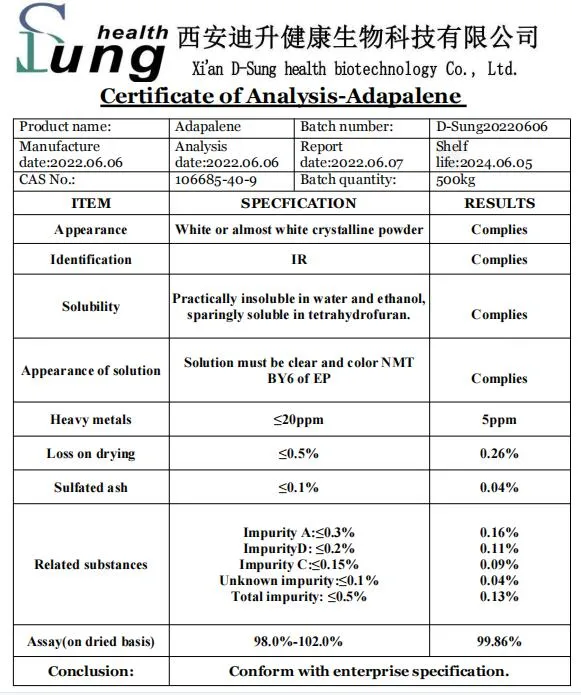 Pharmaceutical CAS 106685-40-9 Adapalene Material Adapalene Powder Purity Powder Adapalene