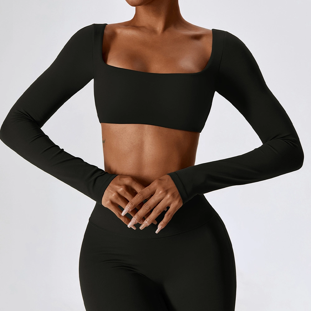 Custom Long Sleeve Yoga Top Women Workout Square Neck Sports Bra Active Gym Clothings Crop Top Long Sleeve Yoga Top Wear