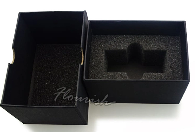 Black Color Rigid Cardboard Watch Jewelry Gift Packaging Box with Badge Decoration and Velvet Insert