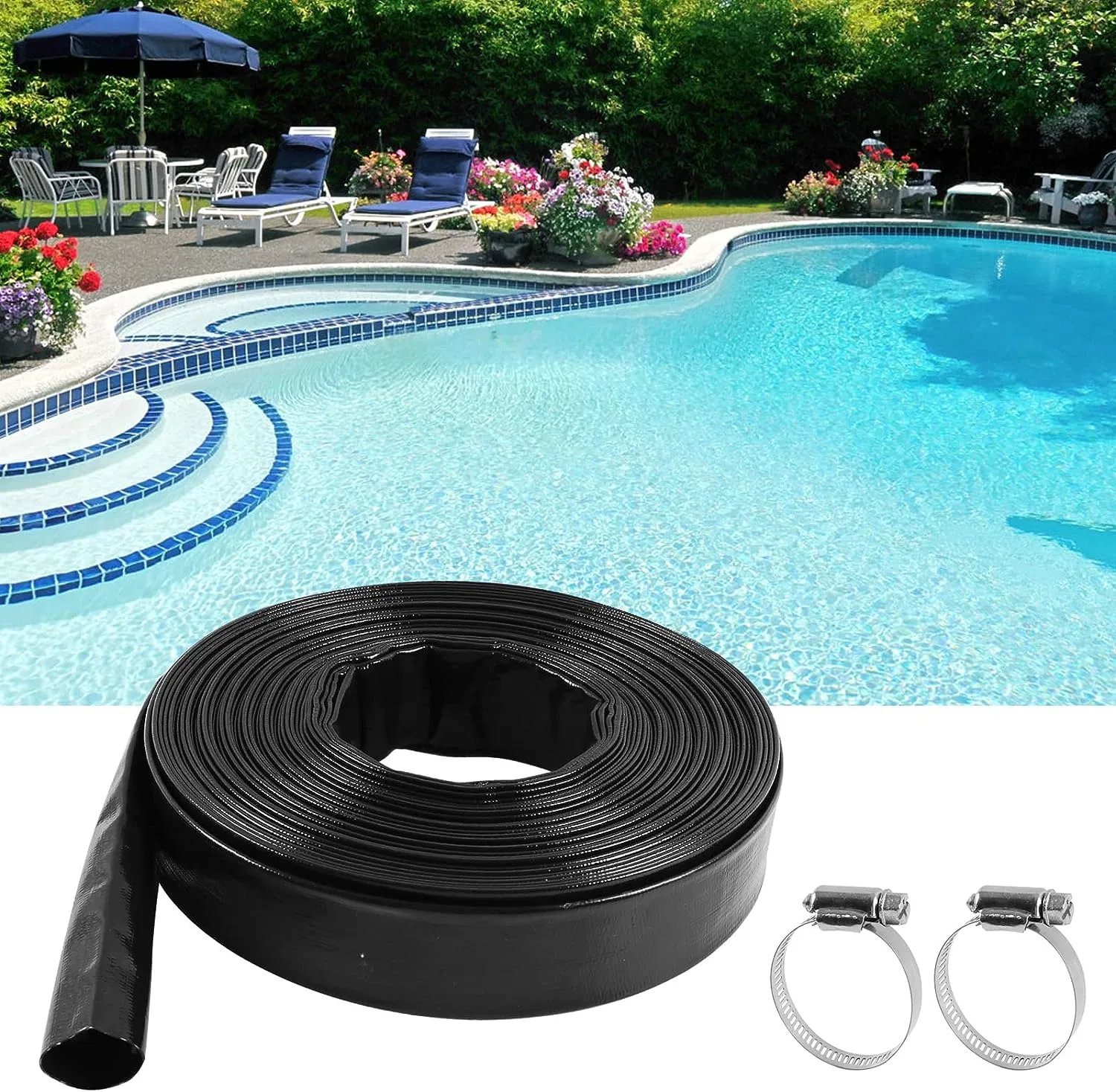 Lay Flat Drain Hose PVC Swimming Pool Backwash Hose with 2PCS Clamp