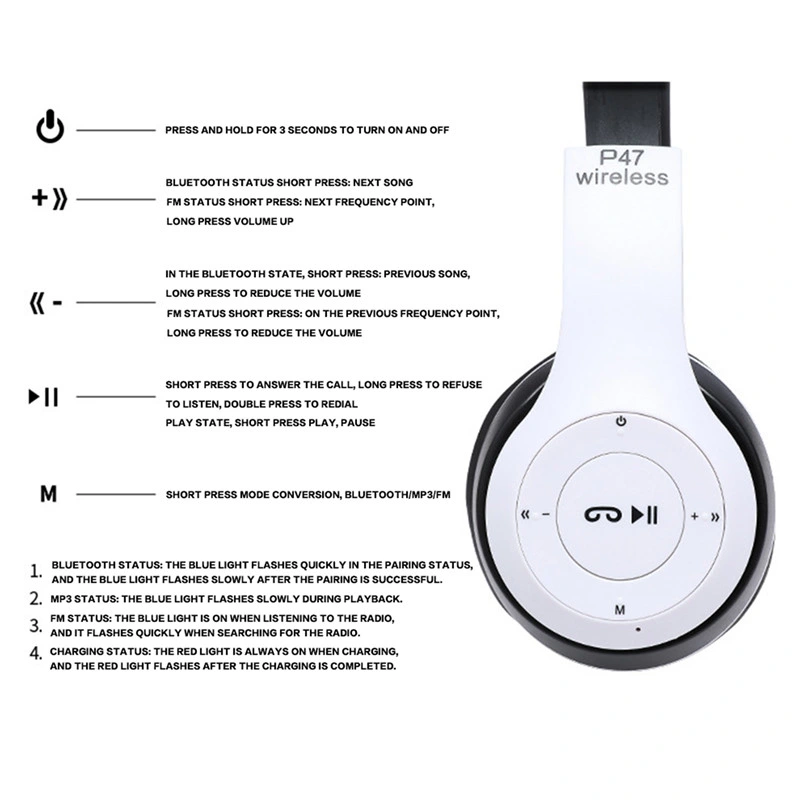 P47 Foldable Wired Wireless Headband Bluetooth SD TF MP3 Headphone