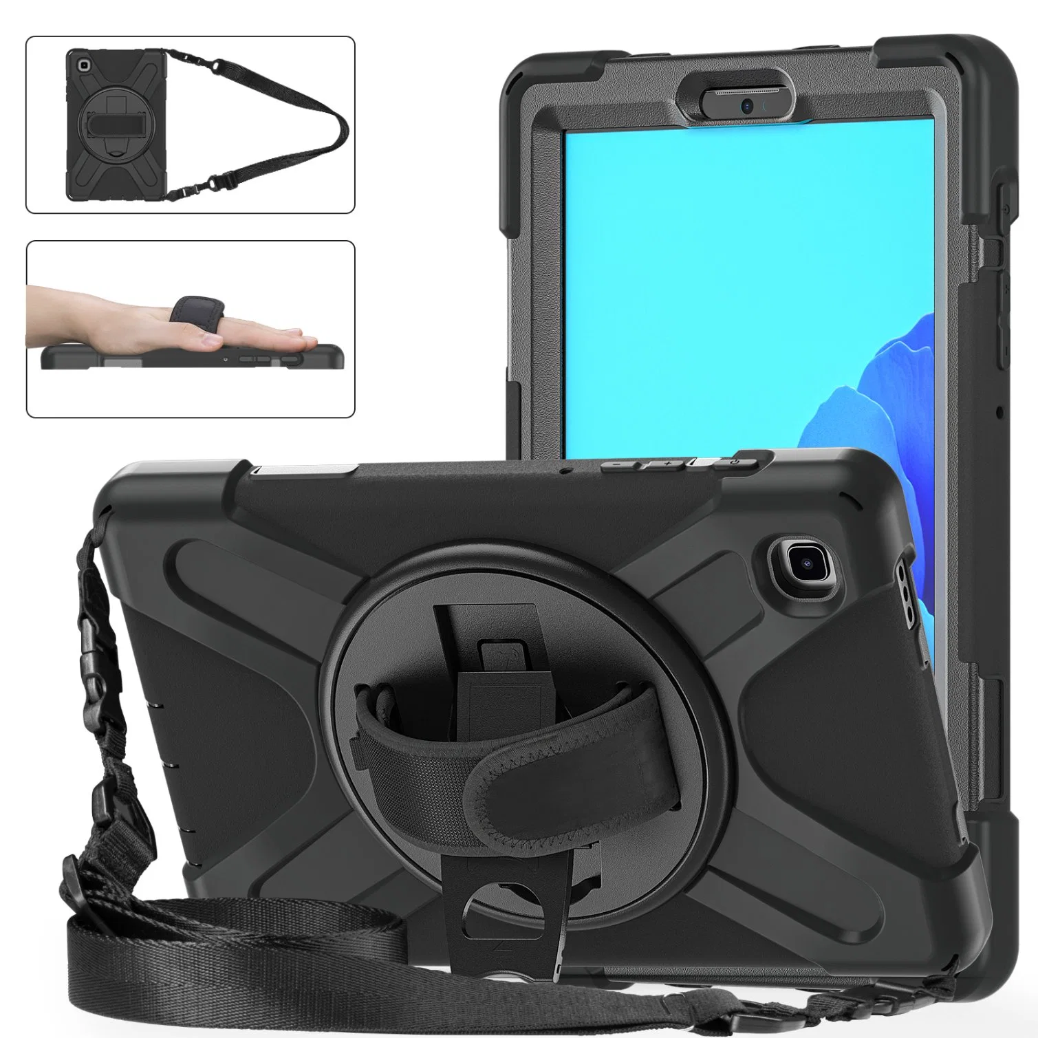 Heavy Duty Shockproof PC + Silicone Cover with 360 Degree Swivel Kickstand Handle Hand Grip & Shoulder Strap for Samsung Galaxy Tab A7 Lite 8.7-Inch