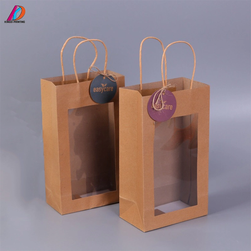 Customized Kraft Shopping Paper Packaging Bag with Clear PVC Window and Length Handle