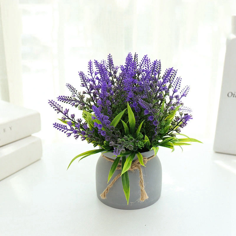 Artificial Lavender Bouquet in Decorative White Plastic Pot with String