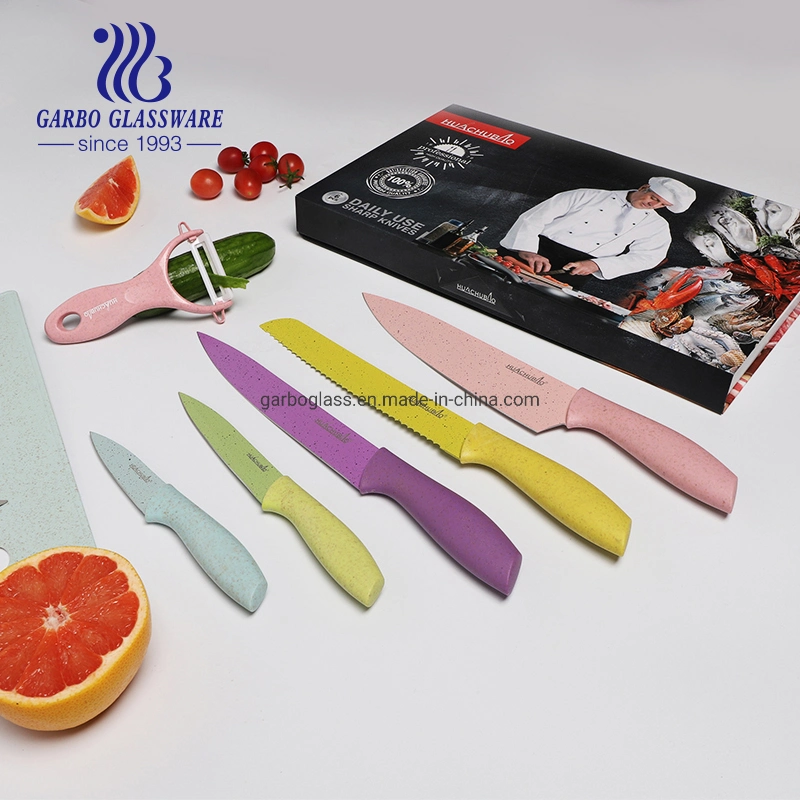 Stainless Steel Chef Knife Set with Wheat Straw Plastic Handle Servicing Butter Knives Kitchenware with Gift Box Pack