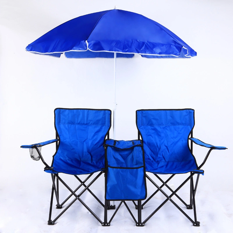 كرسي شاطئ تخييم مزدوج قابل للطي محمول مع مظلة وطاولة كيس تبريد