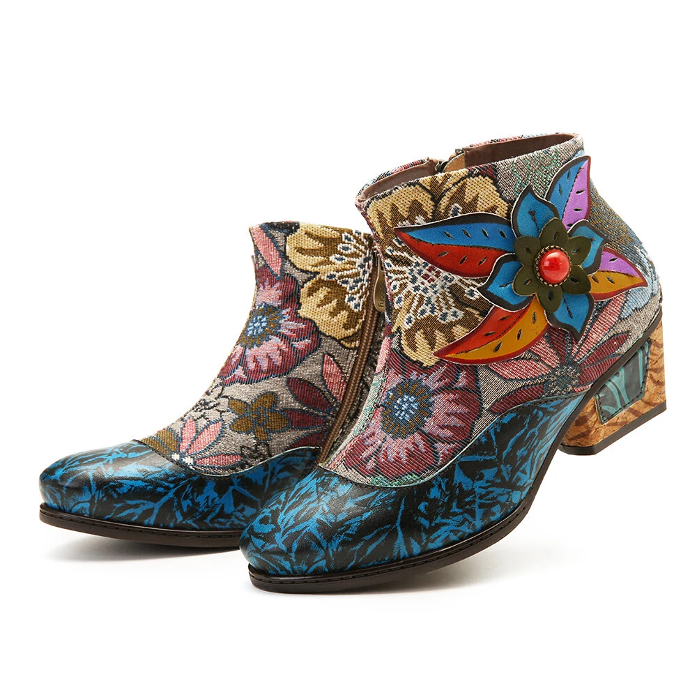 Boho Chic Style Cloth Splicing Flower Pattern Shoes Exotic Boots