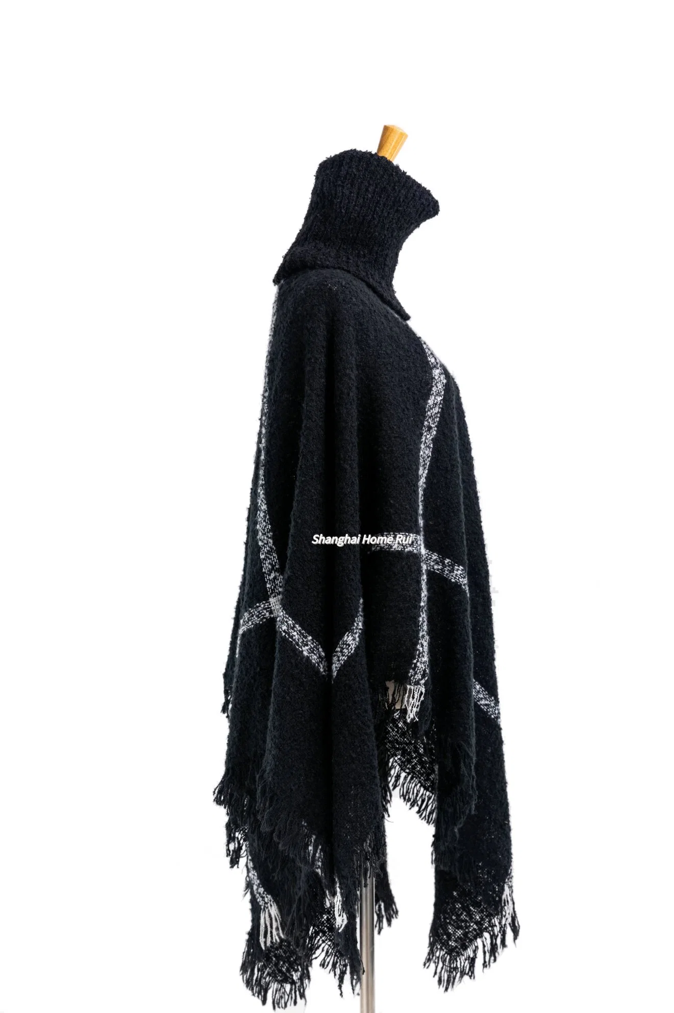 Home Rui Manufacturer Outerwear Autumn Woman Black Apparel Accessory Boucle Fringe Oversize Pullover Lattice Tartan Grids Turtleneck Shawl Cloak Poncho Cape