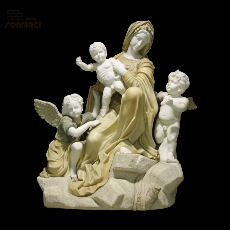 Los religiosos de Mármol Piedra Natural Virgen María y a los niños escultura