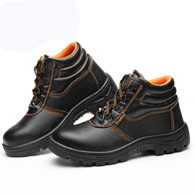 Mens Black High Heel Work Rubber Labor Leather Safety Boots Shoes