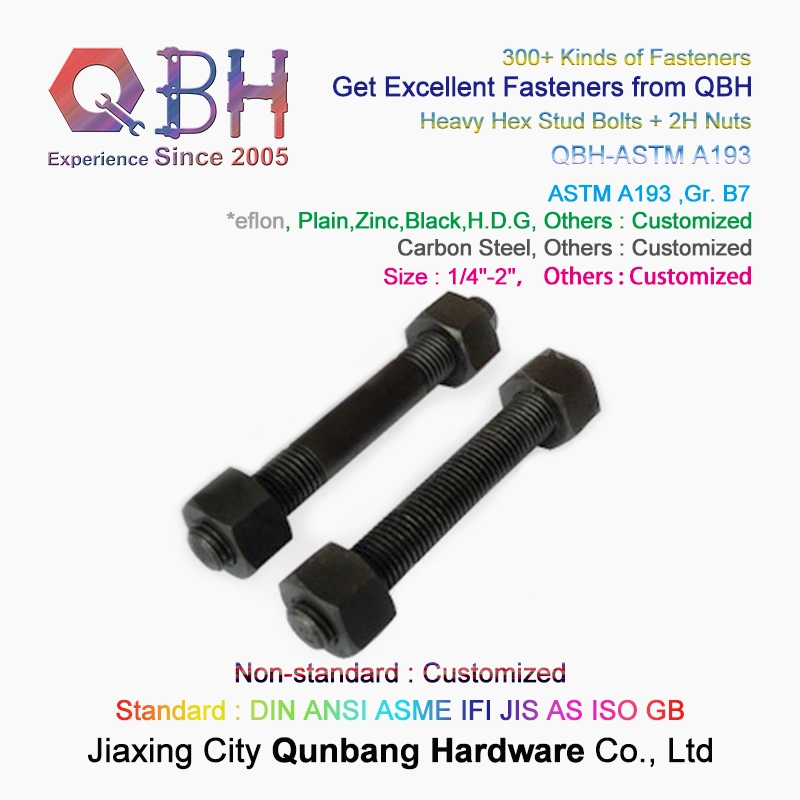 Qbh Customized PTFE Colored Surface Treatment Carbon Steel ASTM A193 B7 Rod + Double A194 2h Nuts Combo Stud Bolt