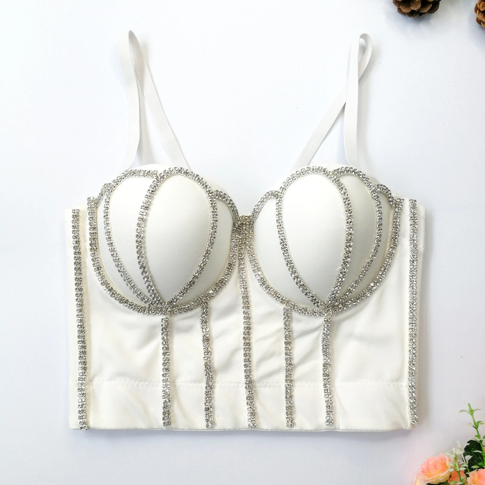 Fashion Sling Rhinestone Tank Tops Brightly Beading Plain Knitting Chest Pad Pearl Black Underwears Outer Wear Ladies Bra