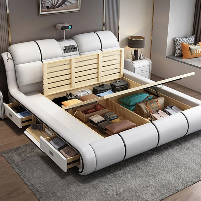 Hot Sale High End Modern Luxury Genuine Leather Multifunctional Smart Bed with Massage and Projector TV Home furniture