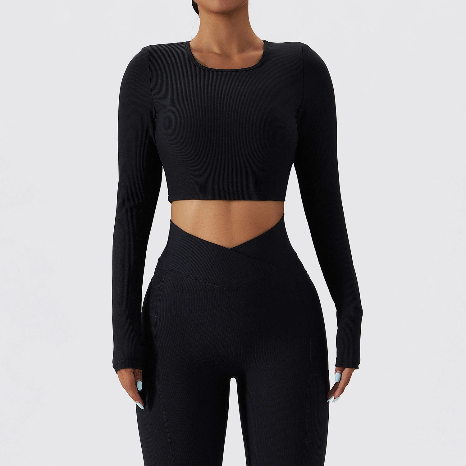 Vêtements de sport pour femmes ensembles de yoga poches ensemble d'entraînement sans couture 2 pièces Hauts d'exercice à manches longues et côtes leggings de yoga actif Costume