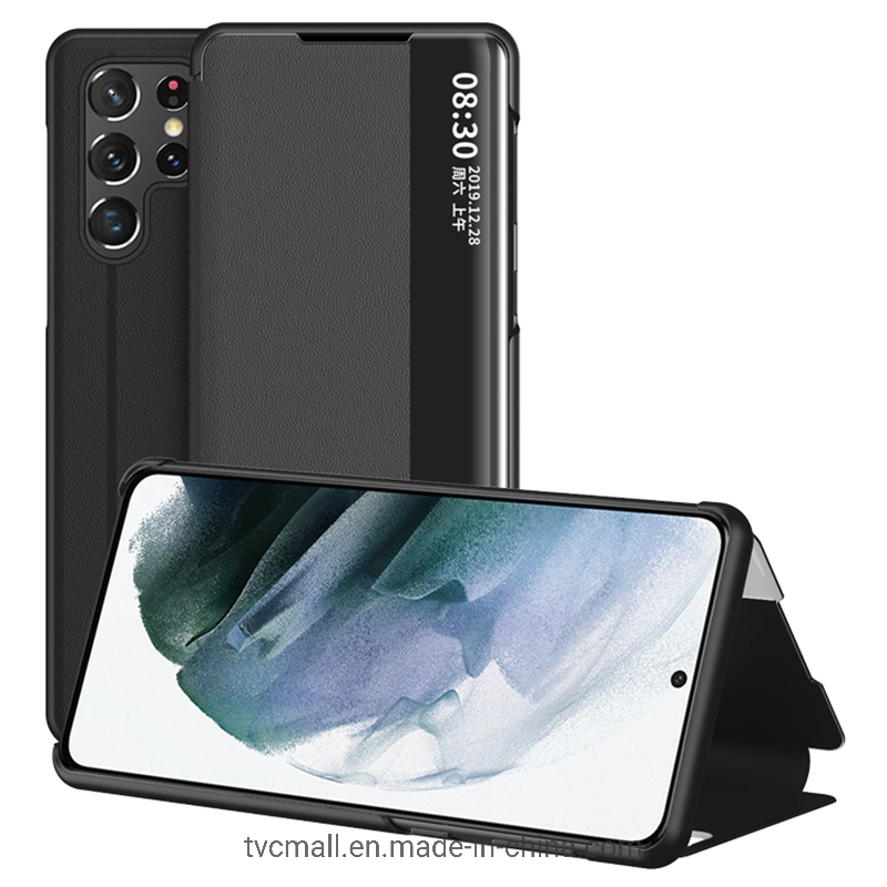 نافذة رؤية شفافة الهاتف حامل غطاء تصميم PU الجلد الهاتف ملحقات Samsung Galaxy S22 Ultra 5g - أسود