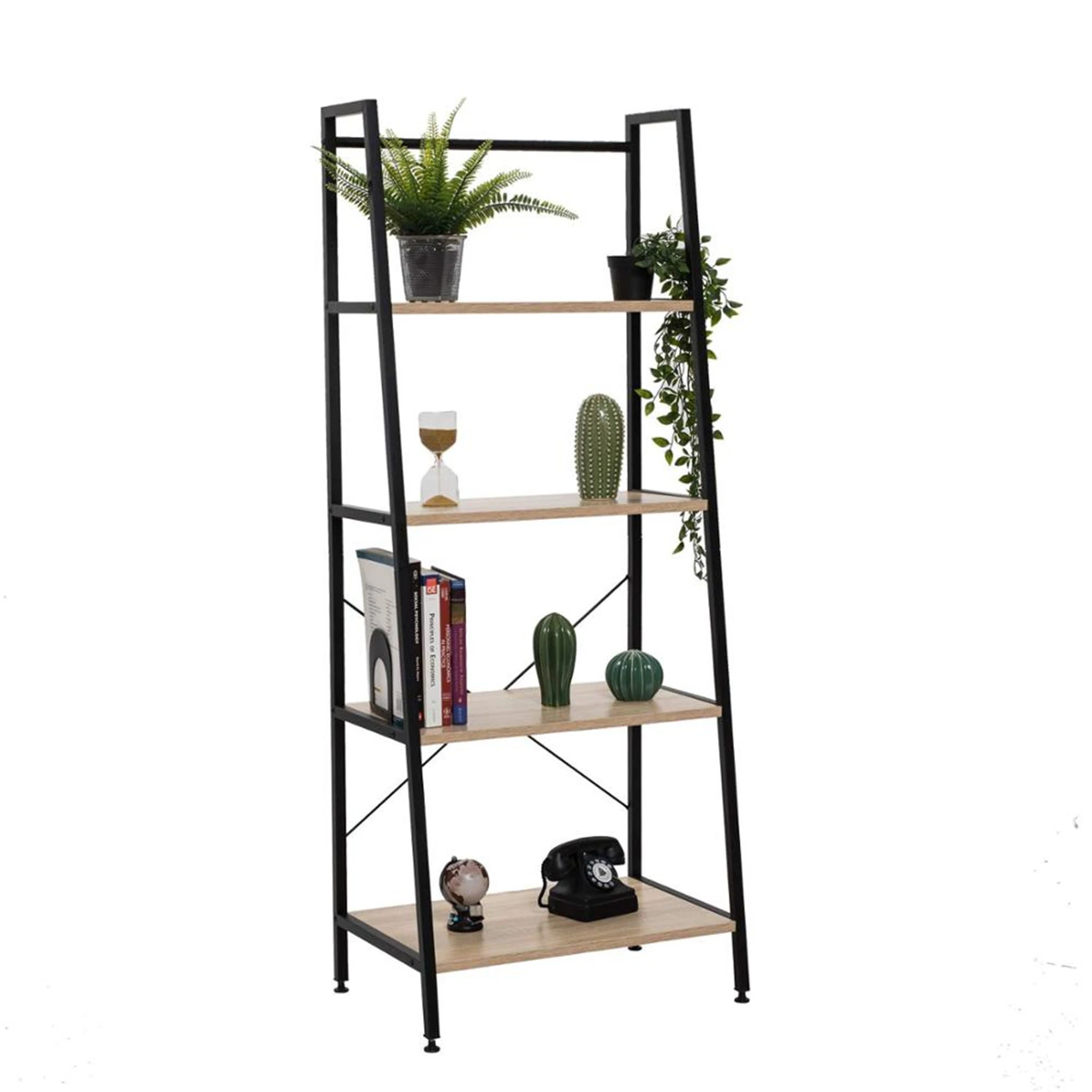 4 Tier Wooden Ladder Bookshelf Metal Frame Industrial Bookshelf Display Rack