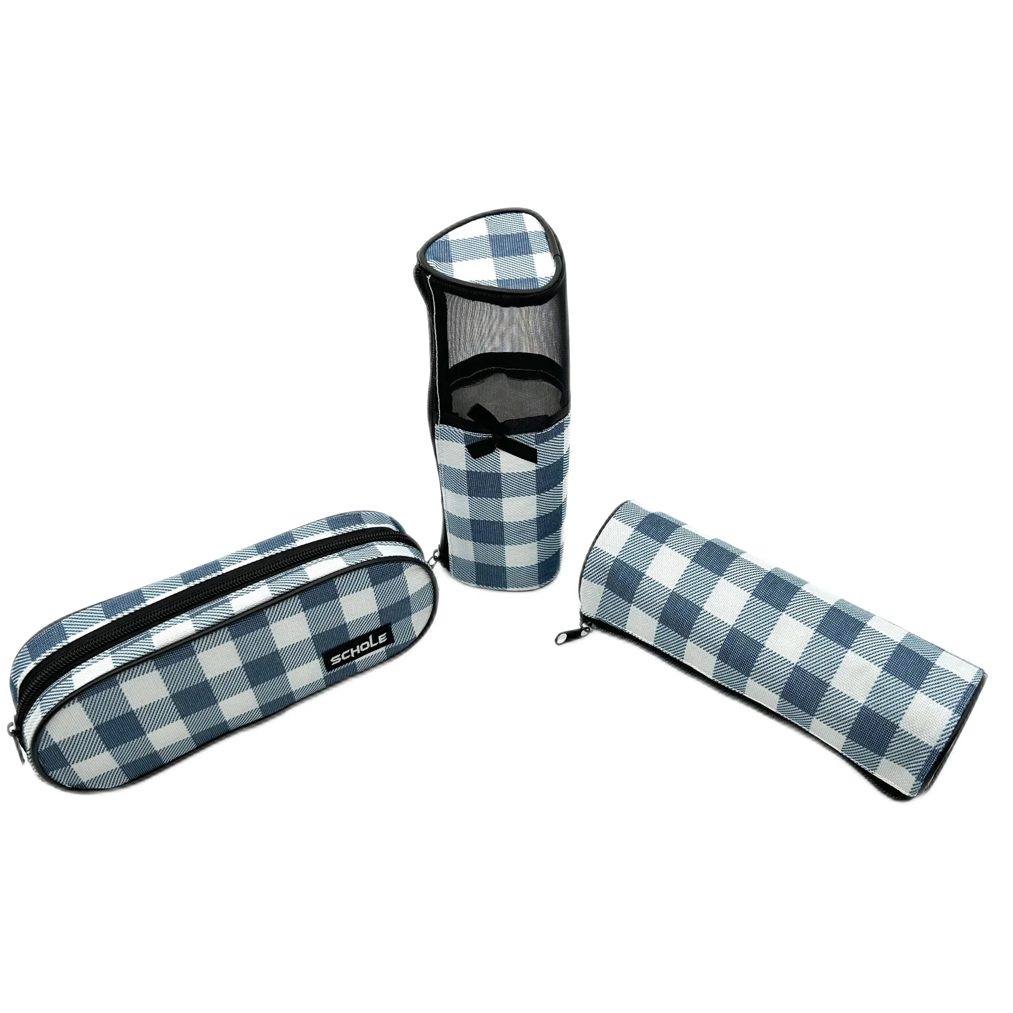 New Cross-Border Direct Sales Blue and White Plaid Black Net Bowknot Stationery Bag Pencil Case Set Manufacturers Wholesale/Supplier Student Supplies